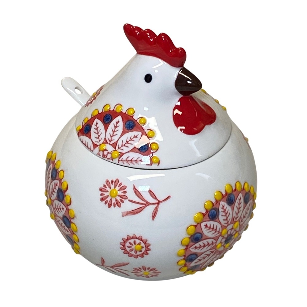 Ceramic Chicken Salt‎ Cellar Sugar Bowl With Lid & Spoon Farmhouse Rooster Decor